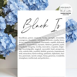 May include: A black and white printable poster with the text "Black Is" in a cursive font. The text is followed by a list of positive adjectives describing the colour black.