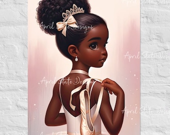 Black Ballerina Girl Poster, Little Black Girl Art, Princess, African American Female, Melanin, Illustrated Character, Ballet Shoes