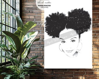 Natural Curly Hair Art Poster, Afro Puff Black Woman Fashion Print Girl Room Decor Wall Art (HQ Thick Paper Poster)