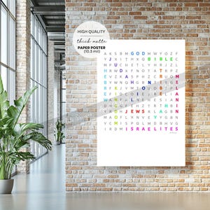 May include: A white word search puzzle with the words "GOD", "BIBLE", "JUDAH", "HEBREW", "TRIBE", "JEWS", and "ISRAELITES" highlighted in different colors. The puzzle is printed on a thick matte paper poster.