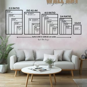 May include: A chart showing different wall art sizes in inches and centimeters, with a sofa in the background. The chart includes 2:3 ratio, ISO A1-A4, 4:5 ratio, 3:4 ratio, and 11x14 sizes. The text "Sofa is 90 in (228.6) cm wide" and "April State Designs" is also included.