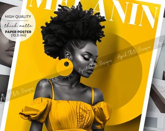 Melanin Fahion Portrait Poster, Black Woman Afrocentric Decor, Yellow Art, Black Girl Gift for Her Wall Art (HQ Thick Paper Poster)
