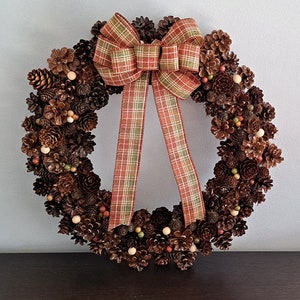 Autumn Pinecone Wreath with Bow, Front Door Wreath, Fall Wreath, Door Hanger, Farmhouse Rustic Wreath, Housewarming Gift