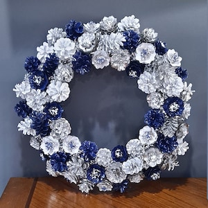 Blue White and Silver Pinecone Flower Wreath