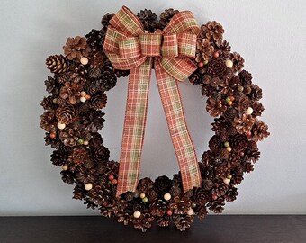 Autumn Pinecone Wreath with Bow, Front Door Wreath, Fall Wreath, Door Hanger, Farmhouse Rustic Wreath, Housewarming Gift