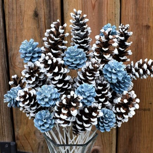 Frozen Winter White Tip Pine Cone Flowers/ ONE Dozen Glitter Pinecone Flowers/ Snow Tip Pine Cone Flowers on Stems (Vase Not Included)