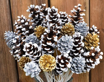 Glitter Pine Cone Flower Bouquet, Silver Gold White Tipped, (One Dozen)