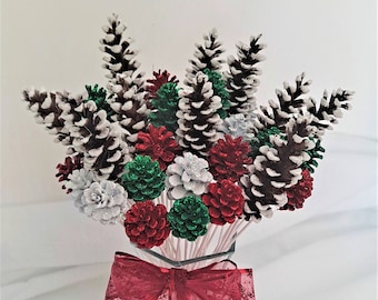 Glitter Pine Cone Flowers - Red, Green, White Tipped - Holiday Decor (One Dozen)