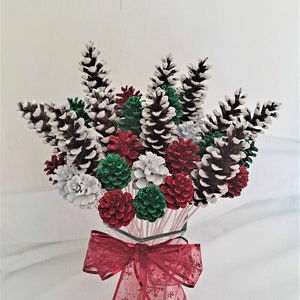 Holiday Pine Cone Flowers/ ONE Dozen White Tipped Glitter Pine Cone Flowers / Christmas Pine Cone Flowers (Vase Not Included)