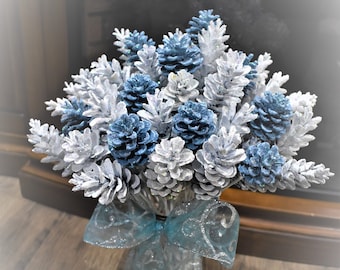Glitter Pinecone Flowers: Blue & White Winter Decor (One Dozen)