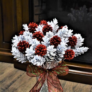 Pine Cone Flowers, ONE Dozen Winter Cherry Delight Glitter Pinecone Flowers (Vase Not Included)