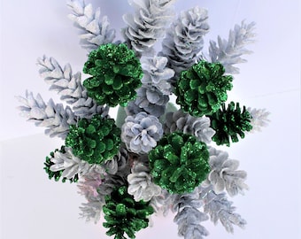 ONE Dozen Pinecone flowers, White and Green Glitter Pine Cone Flowers(Vase Not Included)