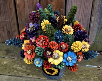 Handmade Painted Pinecone Flowers, Fall Floral Arrangement (One Dozen)