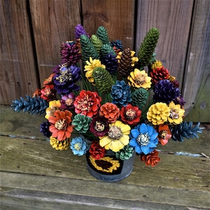 Fall is in the Air/ONE  Dozen Pinecone flowers/ Hand Made Pine Cone Flowers on Stems/  Painted Pinecones of Stems (Bucket Not Included)