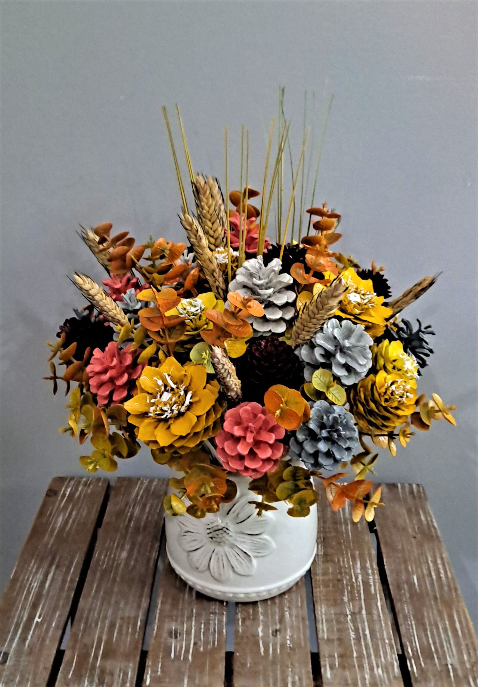 Autumn Pine Cone Flower Arrangement with White Ceramic Pot Etsy