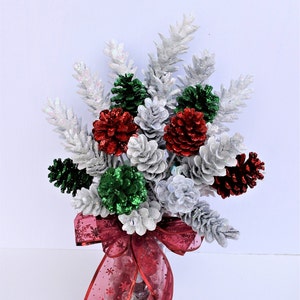 Pinecone Christmas Flowers/ ONE Dozen Holiday Glitter Pine Cone Flowers (Vase Not Included)