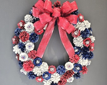Patriotic Pinecone Flower Wreath With a Bow