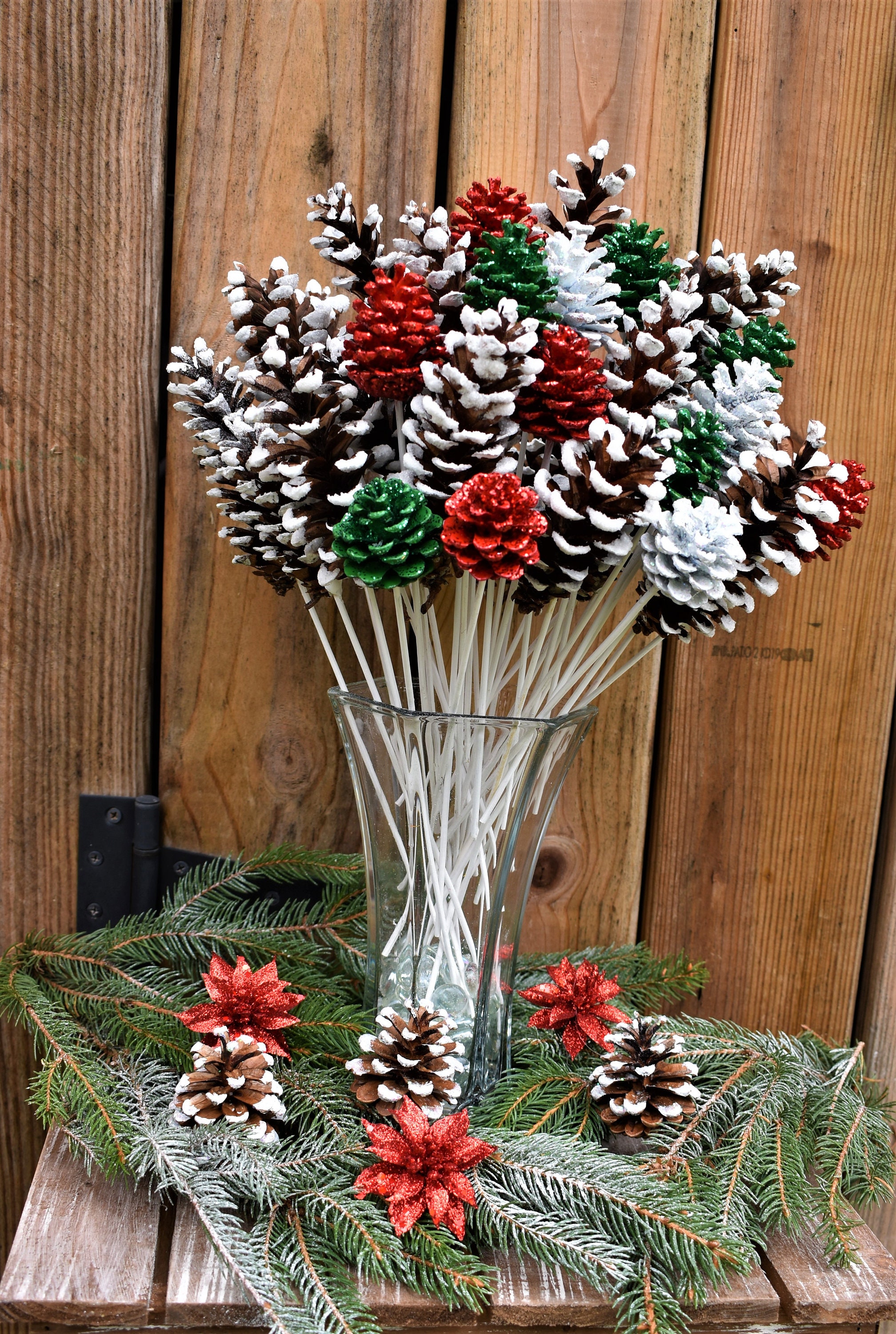 Pine Cone Flowers, One Dozen. Sparkly Snow White and Metallic Silver and  Gold. on 12-inch Stems. Christmas, Winter Decor, Floral Picks. 