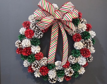 Holiday White Tip Pine Cone Wreath With Bow