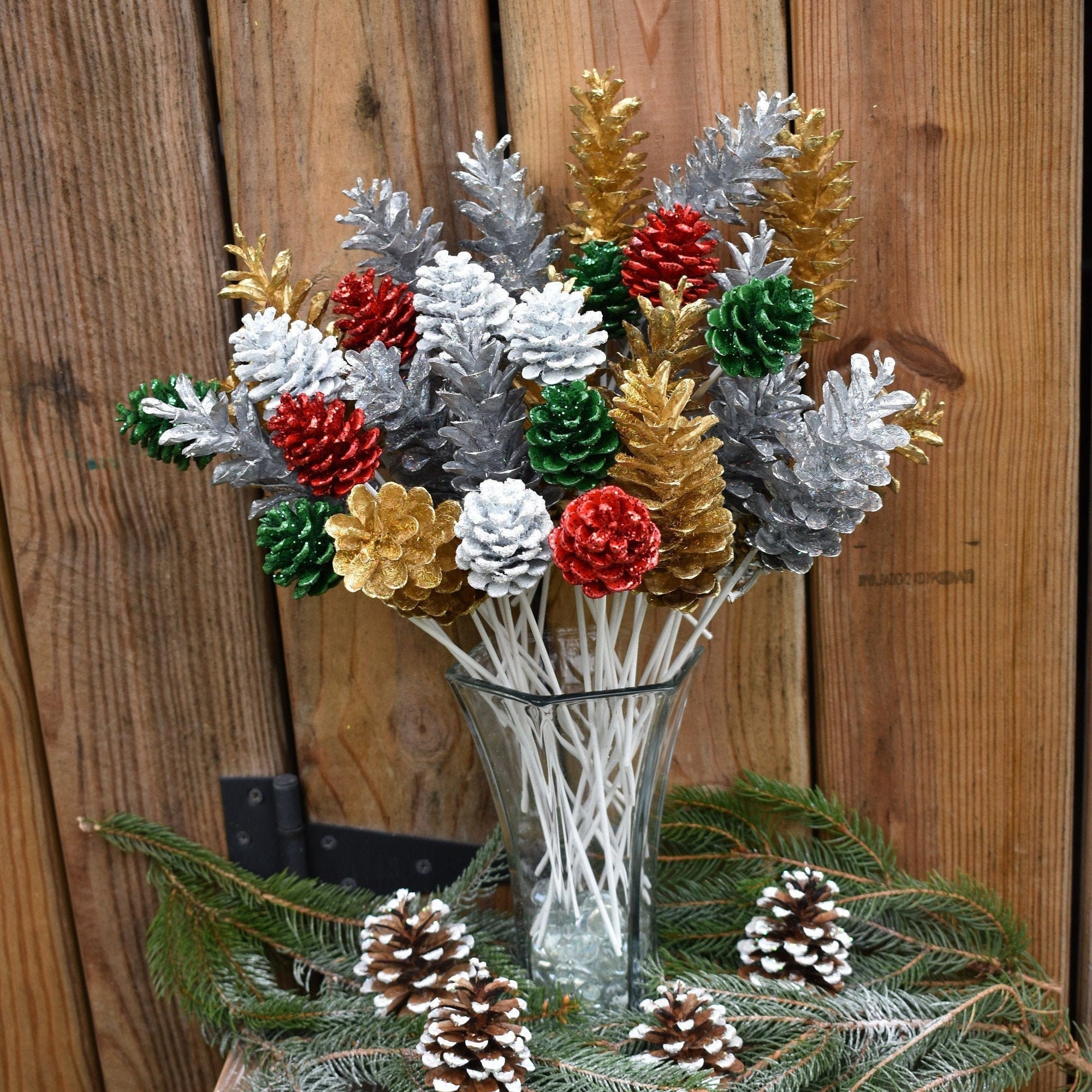 Santa's Pine Cone Flowers/ Glitter Pine Cone Flowers/Dozen Etsy