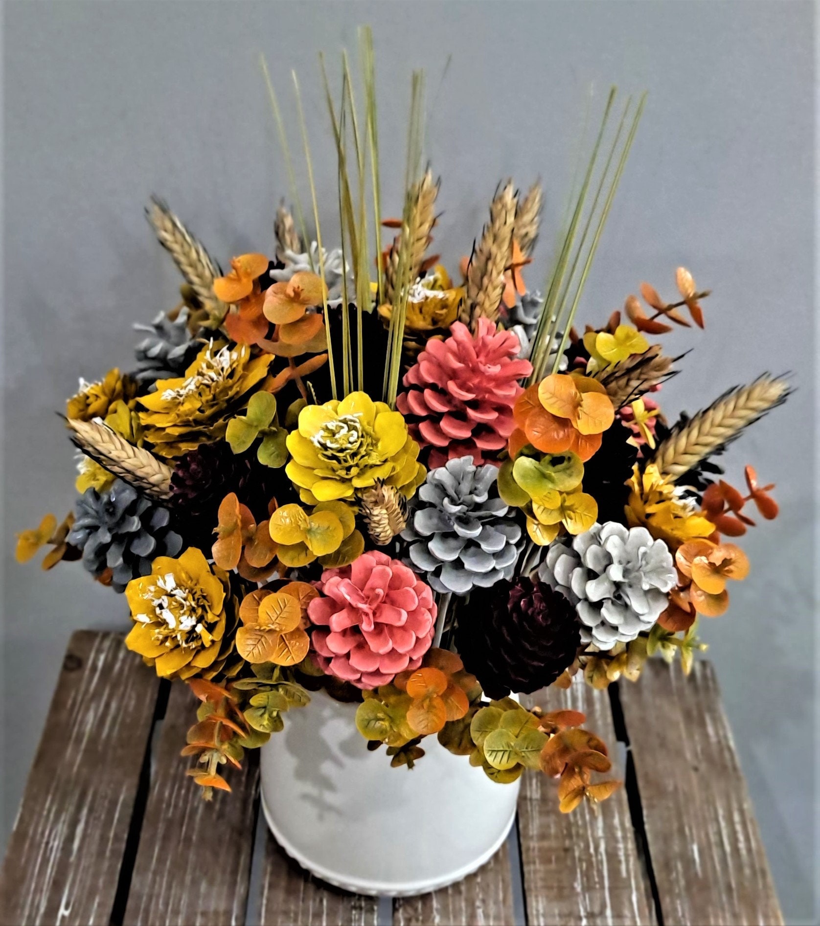 Autumn Pine Cone Flower Arrangement with White Ceramic Pot Etsy