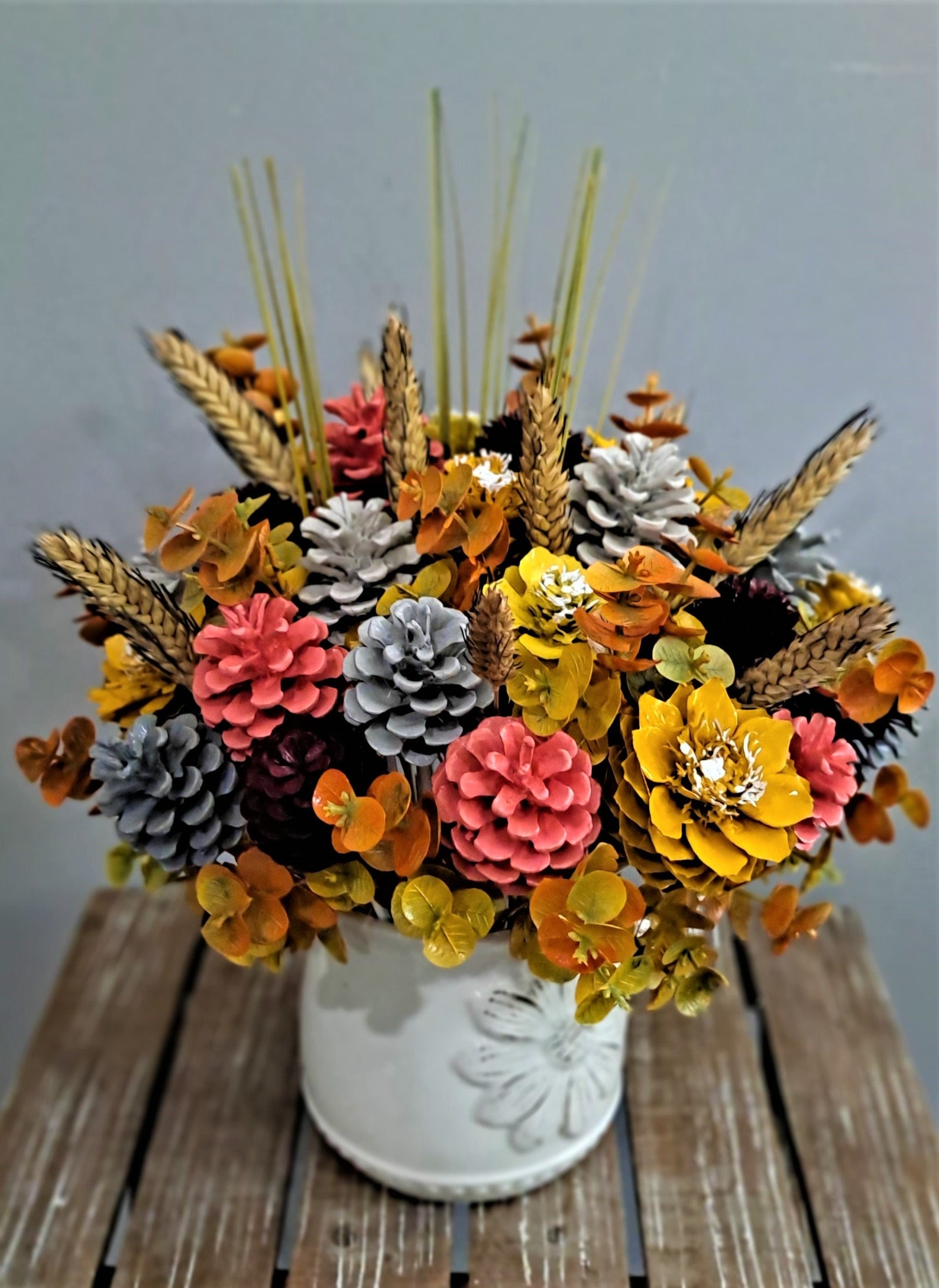Autumn Pine Cone Flower Arrangement with White Ceramic Pot Etsy