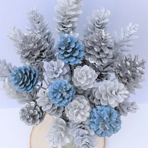 Pinecone Flowers, ONE Dozen Silver and Blue Wedding Glitter Centerpiece, Pine Cone Flowers on a Stem (Vase Not Included)