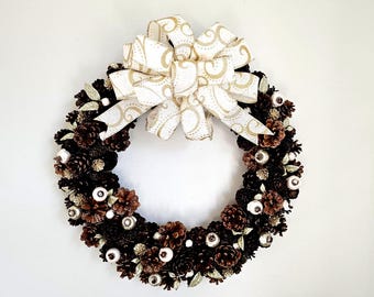 Pine Cone Wreath, Winter White Berry and Gold Leaf Decor