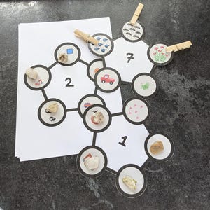 Könnte beinhalten: Lernaktivität mit einem Diagramm auf weißem Papier, schwarzen Kreisen, Zahlen und kleinen Objekten. Das Diagramm ist durch Linien verbunden und wird von Holzklammern gehalten. Kreise enthalten Steine, Autzeichnungen und andere Bilder.
