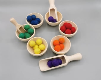 Sorting game with cups, bowls made of beech wood, sorting game, sensory game, sensory play