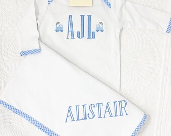 Baby Boy Bring Home Outfit, Baby Boy, Monogrammed Bring Home Outfit, Gingham Monogrammed Baby Gown and Blanket,  HoneyBeeDesignsFW