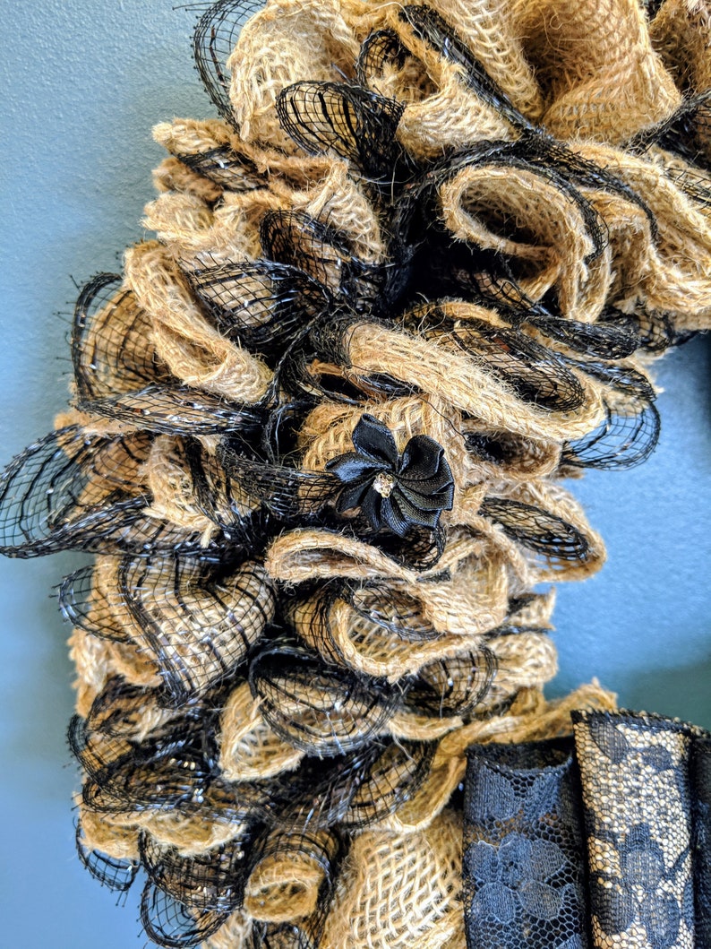Handmade Burlap /& Black Lace Wreath