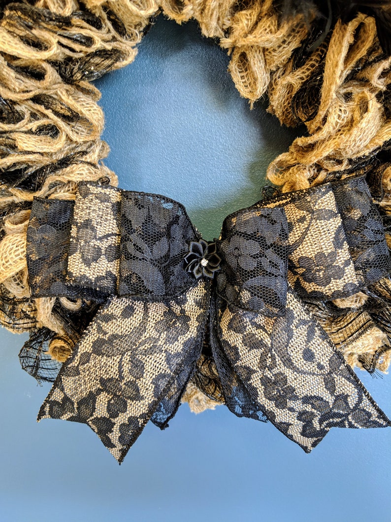 Handmade Burlap /& Black Lace Wreath