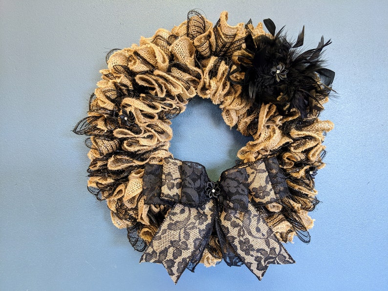 Handmade Burlap /& Black Lace Wreath