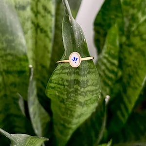 Könnte beinhalten: Ein goldener Ring mit einem weißen, ovalen Stein, der mit einem blauen Blumenmuster verziert ist.