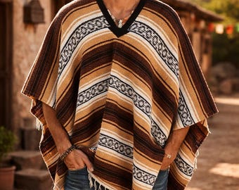 Handgjord mexikansk Serape Poncho: Unisex Boho Festival Outfit, Vävd Akrylväv