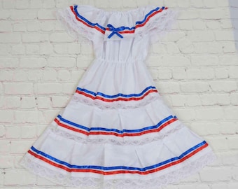 Girls Cultural Heritage Dress – Puerto Rican, Dominican, Costa Rican Colors Ribbons, Ages 0–12