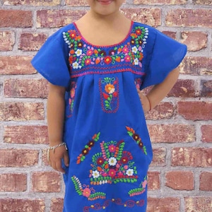 Mexican Embroidered Dress for Girls – Blue with Floral Motif, Ages 0–12