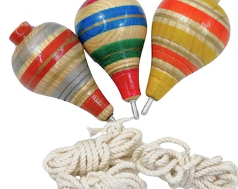 3er-Pack Trompo-Kreisel aus Holz - buntes traditionelles Fertigkeitsspielzeug mit Schnüren