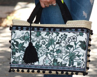 Mexican Black and White Floral Palm Hand bag