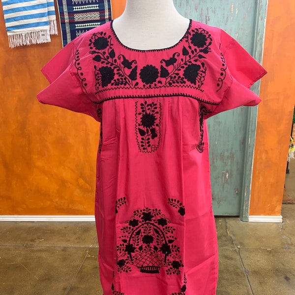 Dress Puebla Hot Pink Solid Black Floral Embroidery