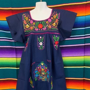 Navy Blue Floral dress, Girls Mexican Puebla Dress, Hand Embroidered Floral dress
