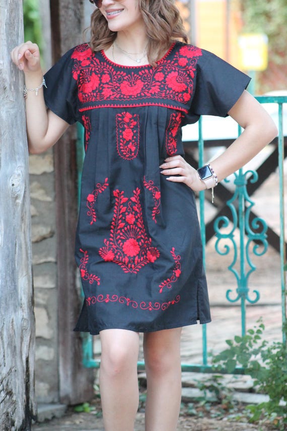 Mexican Embroidered Dress - Black with Red Floral Design | Women's Mini Dress