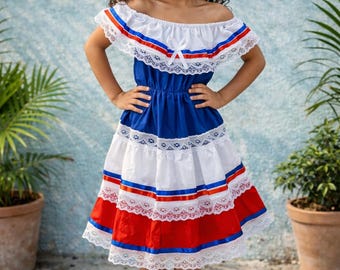 Dziewczęca sukienka portorykańsko-dominikańsko-kostarykańska | Sukienka folklorystyczna Fiesta | Czerwono-biało-niebieska sukienka kulturalna