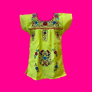 May include: A yellow embroidered blouse with short sleeves and a round neckline. The embroidery features colorful floral designs.