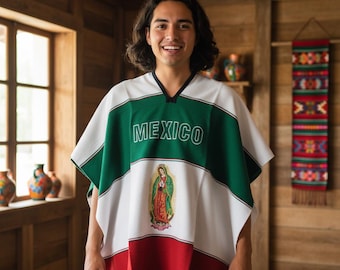 Virgen de Guadalupe Mexican Poncho – Embroidered Mexico Flag, Unisex