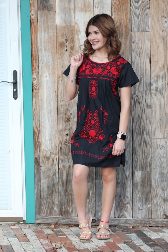black dress red embroidered flowers Mexican Embroidered Dress - Black with Red Floral Design