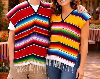 Mexican Serape Poncho Kids & Adults Colorful Fiesta Poncho V Neck Acrylic