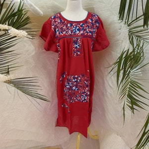 Hand Embroidered floral Dress Red White and Blue, Floral Embroidery - size Lg
