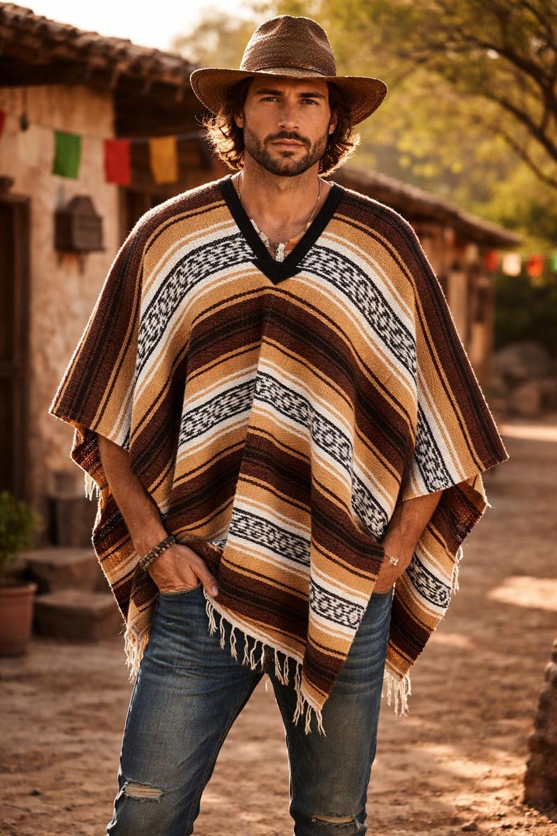 May include: A brown felt fedora hat and a V-neck poncho featuring horizontal stripes in shades of brown, tan, white, and black with a geometric pattern and fringe trim at the hem, worn over blue denim jeans with distressed detailing at the knees.